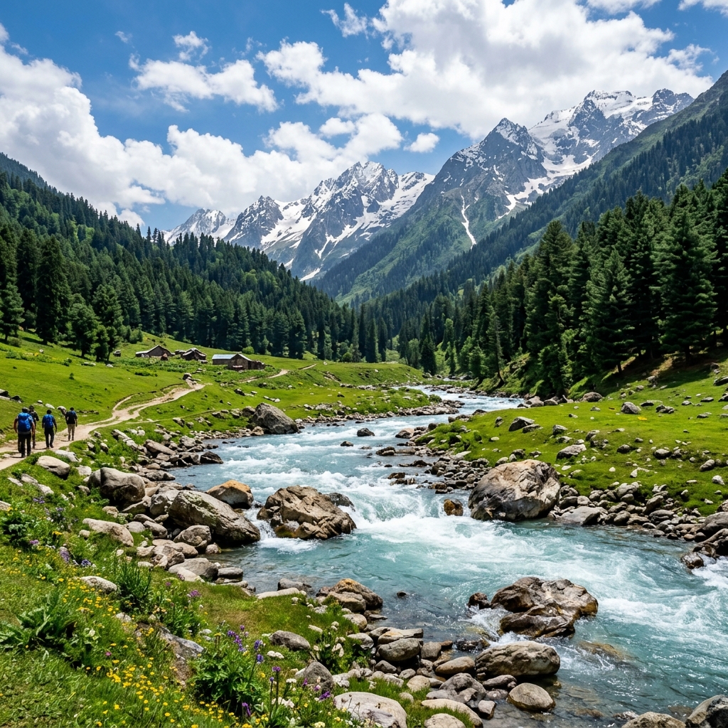 Pahalgam Valley River and Pines